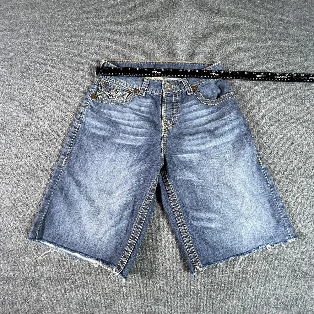 True Religion Bermuda Short Men's 30 Blue Cotton Denim Frayed-Hem Faded Workwear